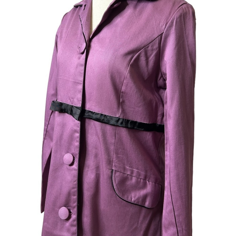 Angie Purple and Black Bow Collared Trench Coat Lightweight Long Sleeve Jacket - Picture 13 of 16